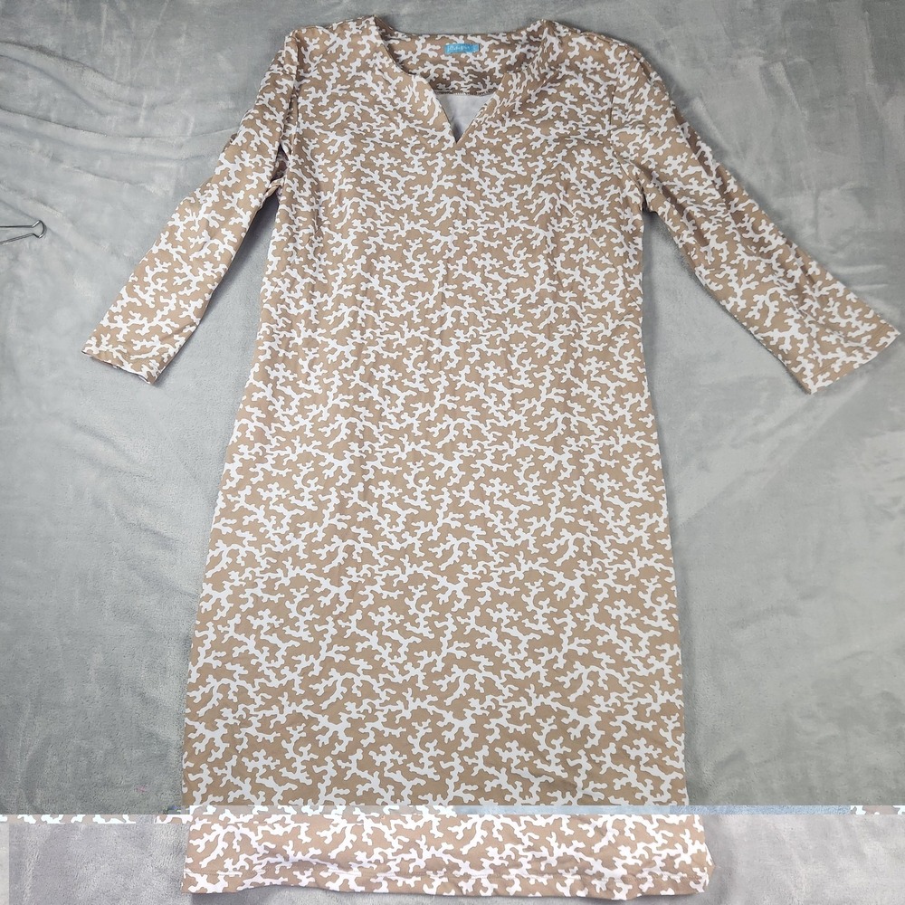J. McLaughlin Catalina Cloth Tan & White Coral Print Dress Size L Preppy Coastal